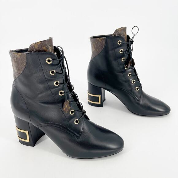Louis Vuitton 2020 Bliss Black Brown LV Monogram Canvas Trim Ankle Boot IT 37.5 - Picture 4 of 15